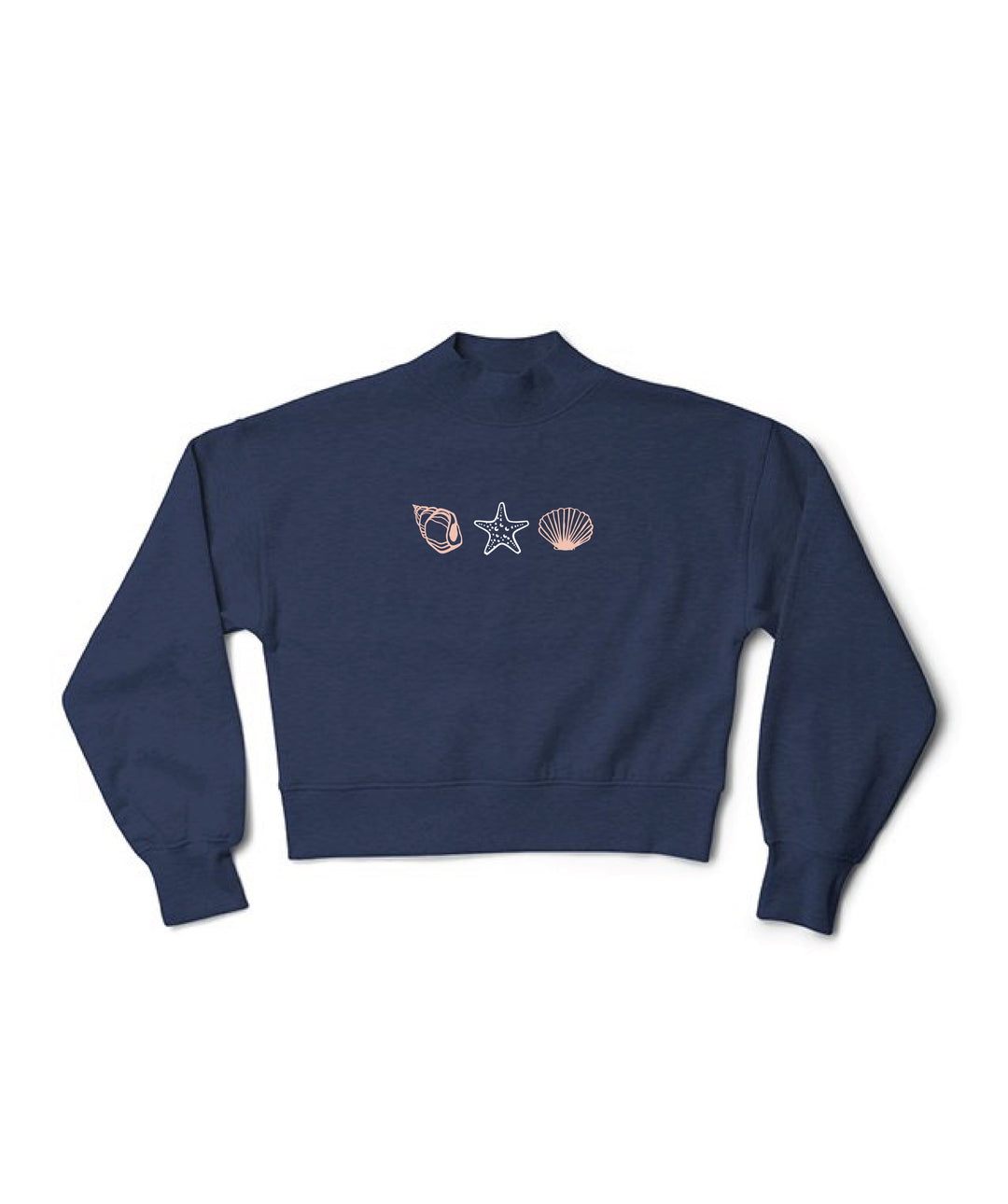 Seashell Embroidered Navy Mock Neck Crewneck