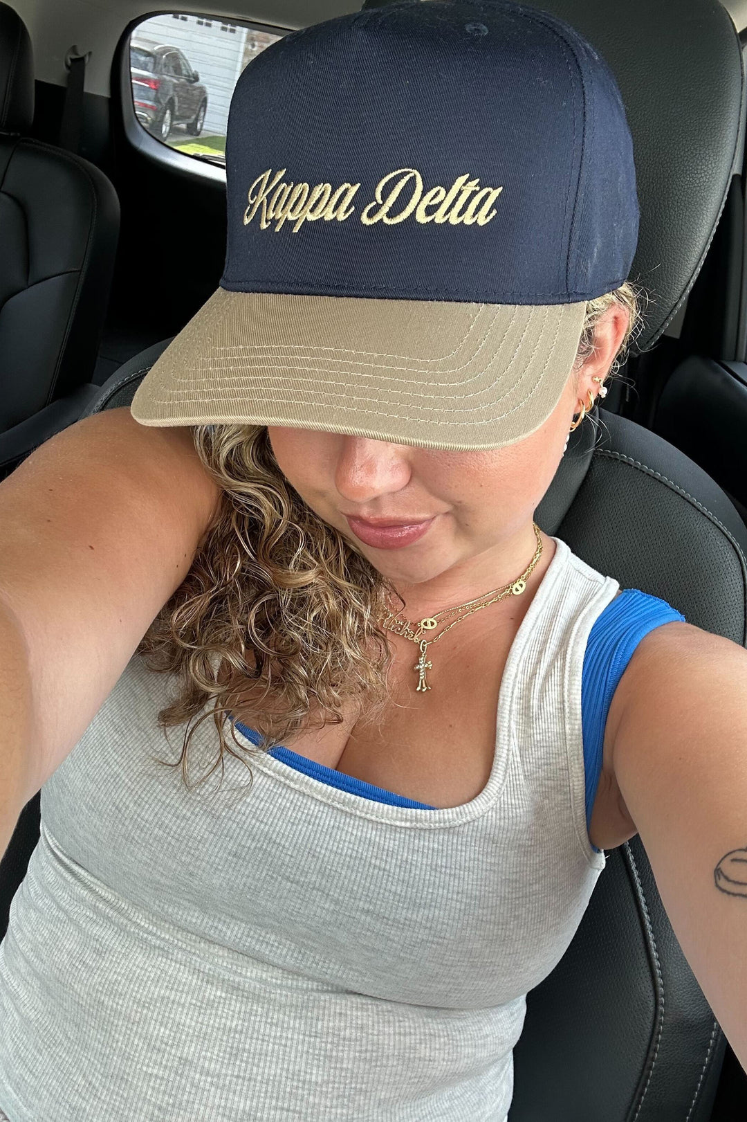 Star Script Embroidered Khaki/Navy Sorority Hat