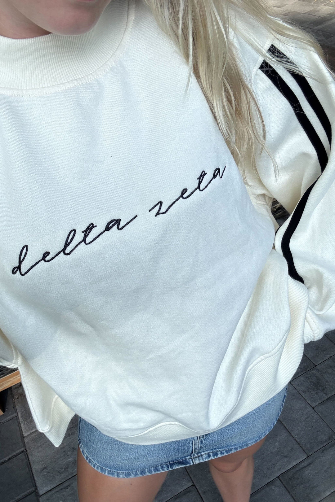 Embroidered Script Sorority Varsity Mock Neck Crewneck
