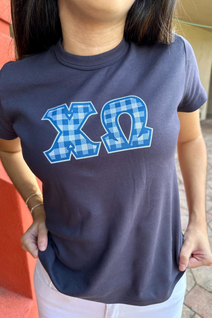 Gingham Print Greek Letter Midnight Sky Sorority Baby Tee