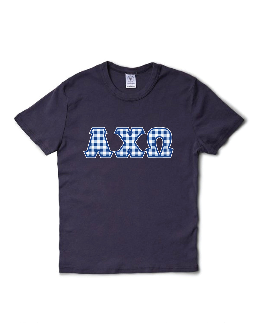 Gingham Print Greek Letter Midnight Sky Sorority Baby Tee