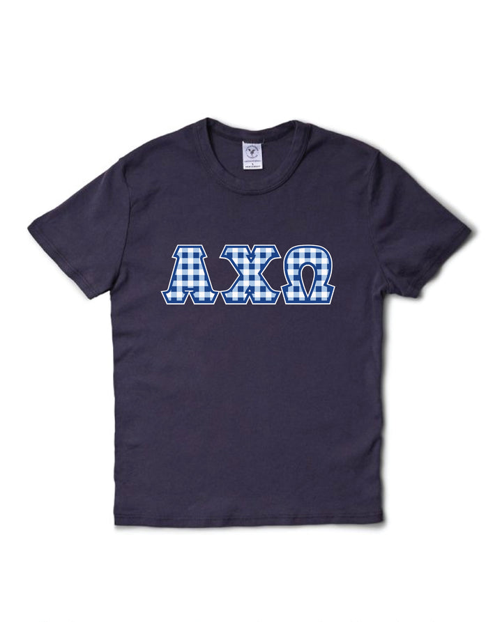 Gingham Print Greek Letter Midnight Sky Sorority Baby Tee