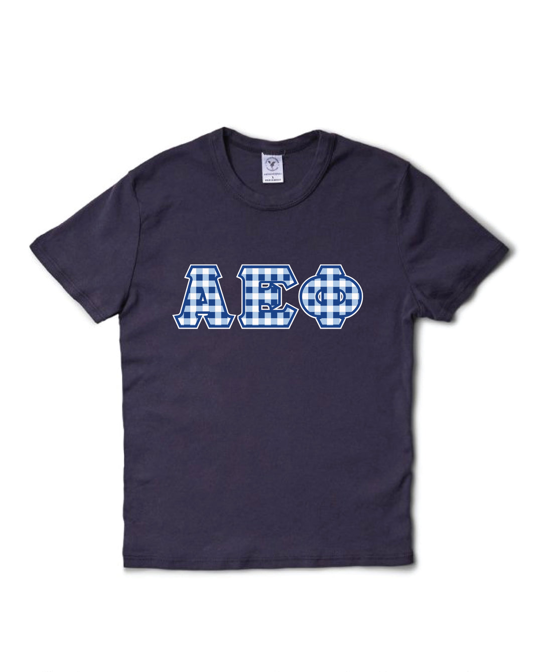 Gingham Print Greek Letter Midnight Sky Sorority Baby Tee