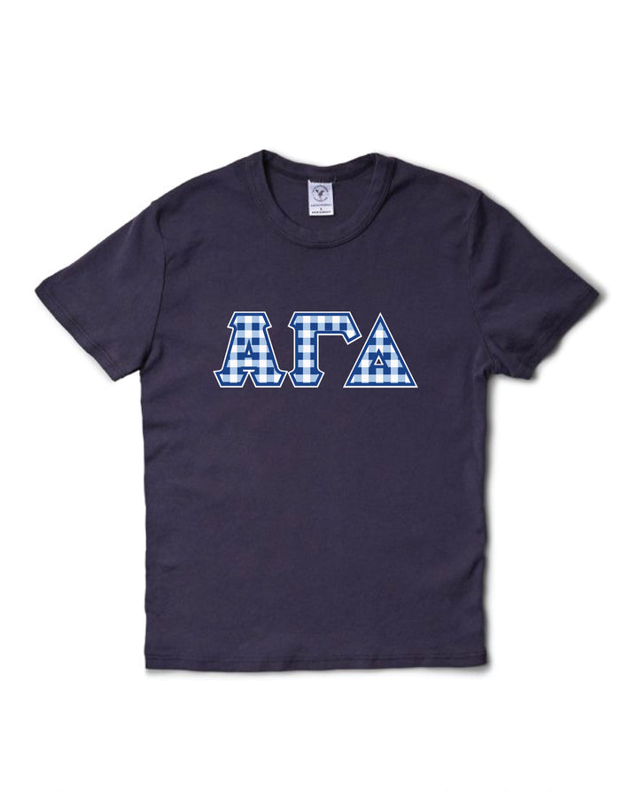 Gingham Print Greek Letter Midnight Sky Sorority Baby Tee