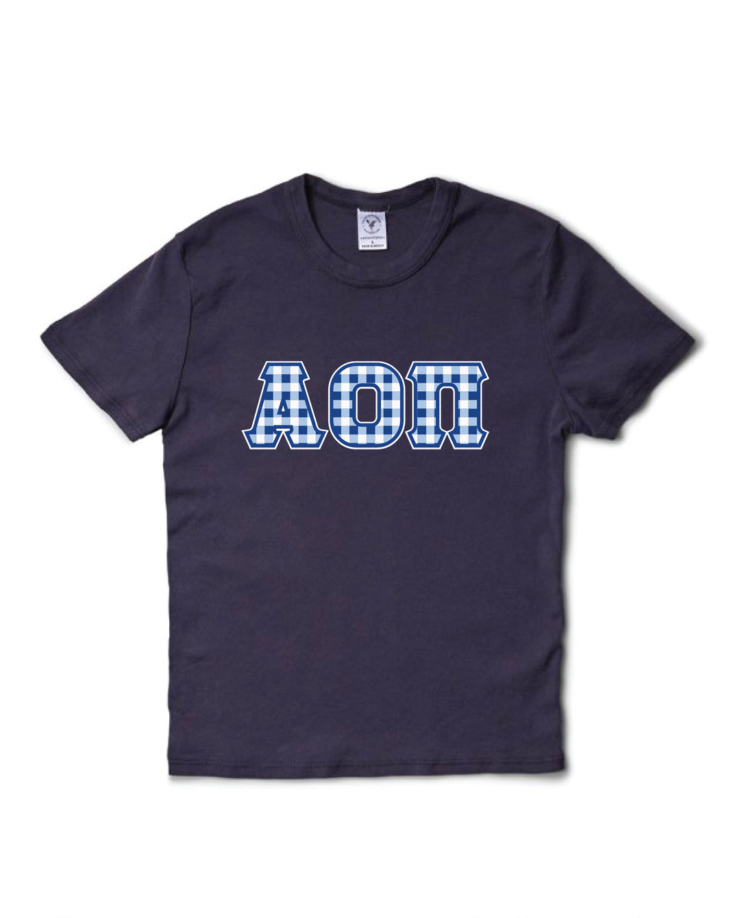 Gingham Print Greek Letter Midnight Sky Sorority Baby Tee