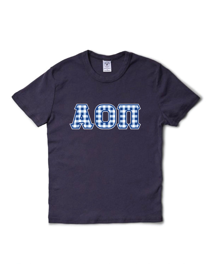 Gingham Print Greek Letter Midnight Sky Sorority Baby Tee