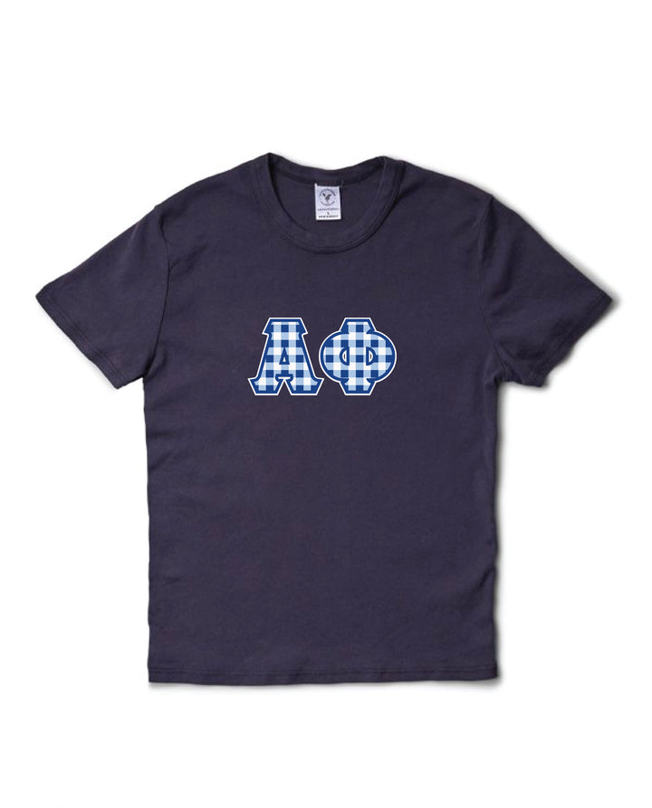 Gingham Print Greek Letter Midnight Sky Sorority Baby Tee