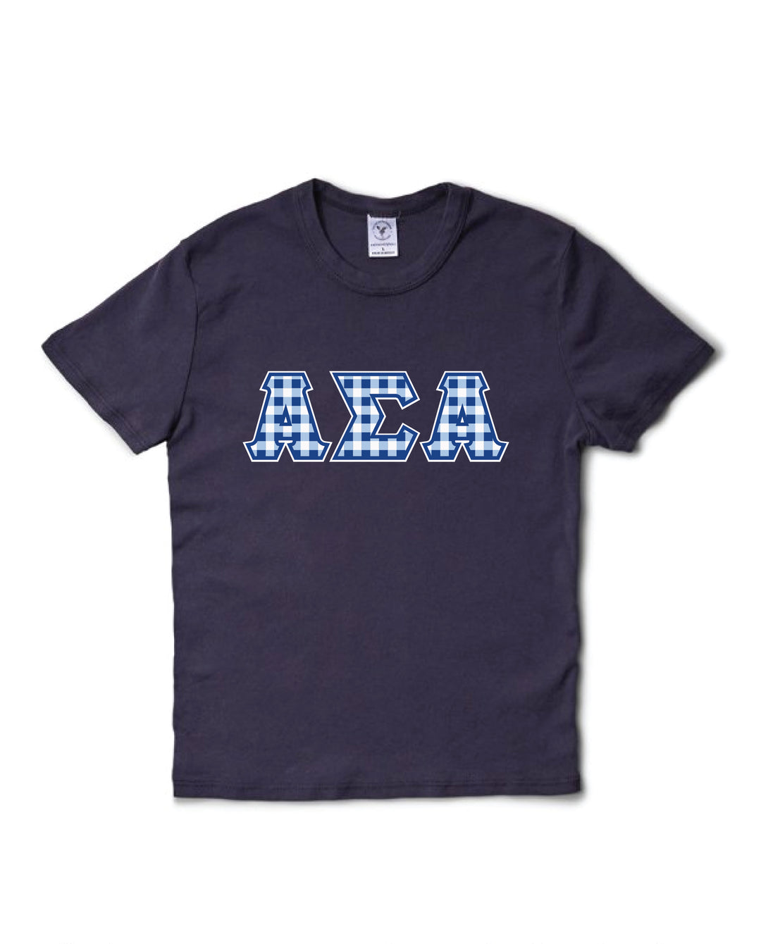 Gingham Print Greek Letter Midnight Sky Sorority Baby Tee