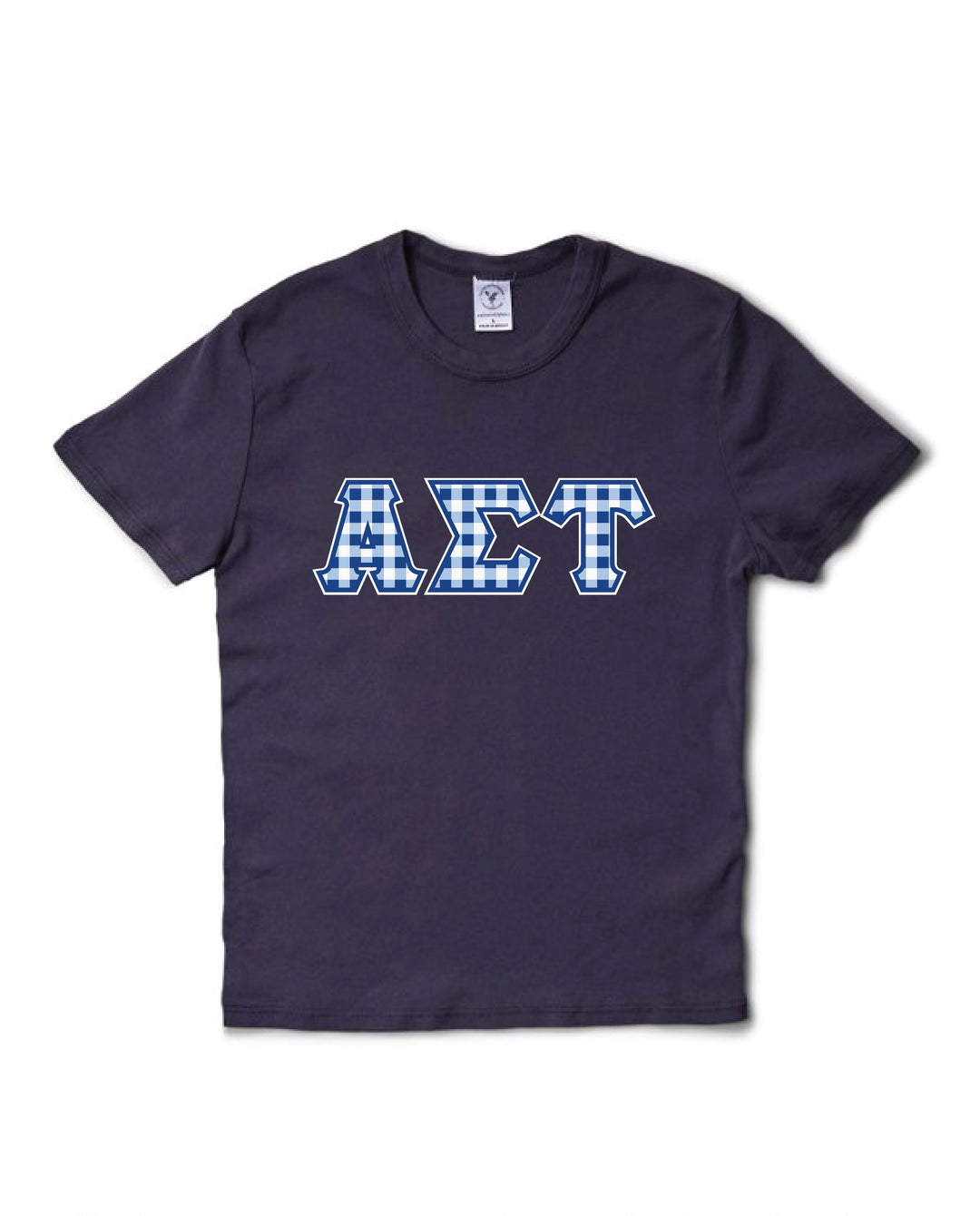 Gingham Print Greek Letter Midnight Sky Sorority Baby Tee