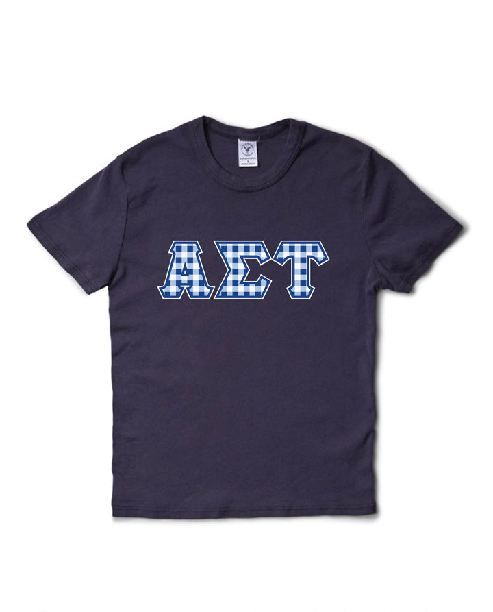 Gingham Print Greek Letter Midnight Sky Sorority Baby Tee