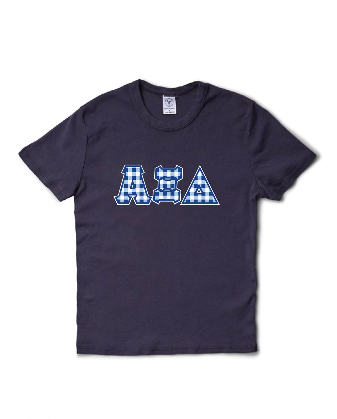 Gingham Print Greek Letter Midnight Sky Sorority Baby Tee