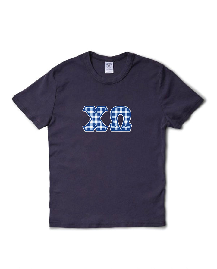 Gingham Print Greek Letter Midnight Sky Sorority Baby Tee