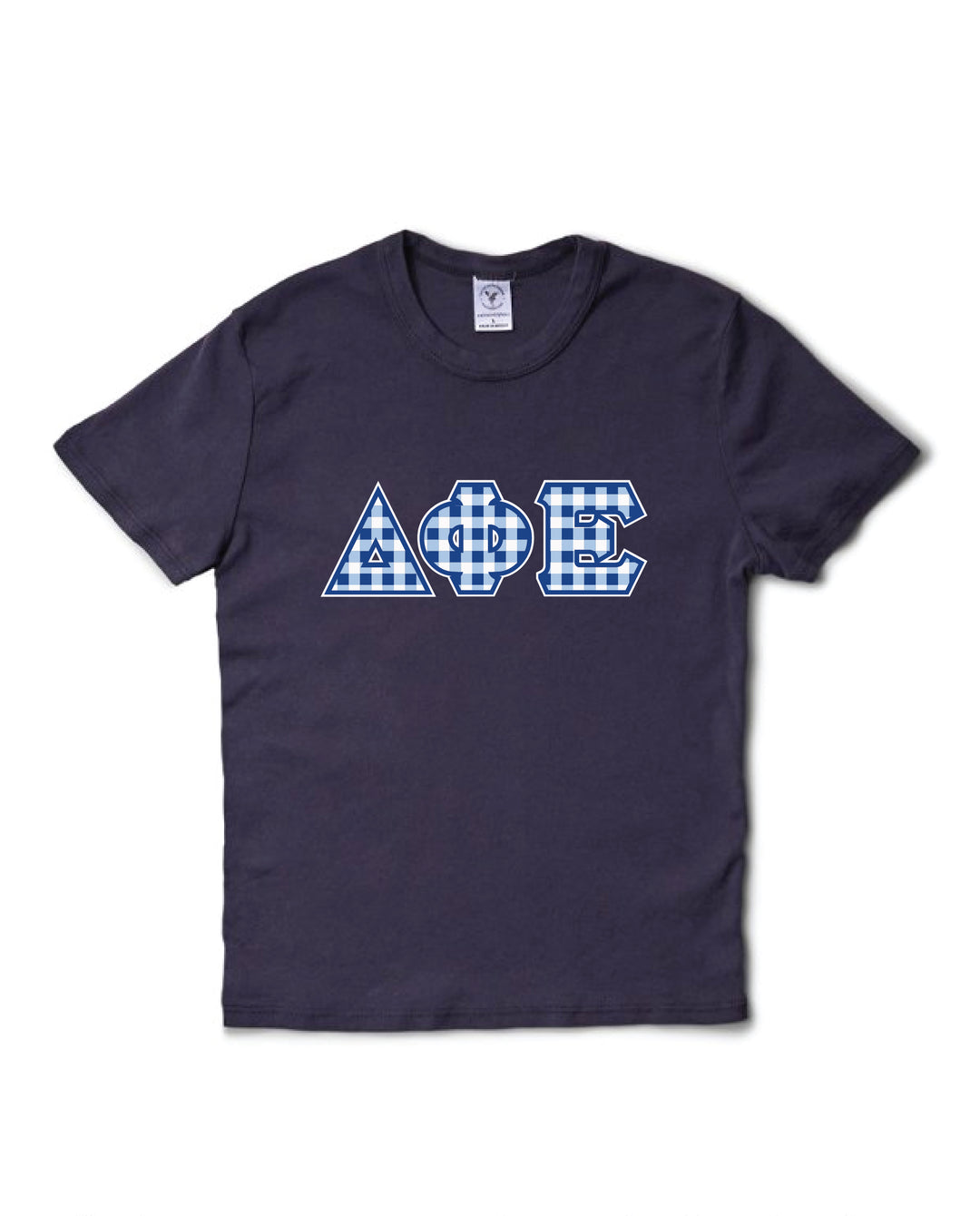 Gingham Print Greek Letter Midnight Sky Sorority Baby Tee