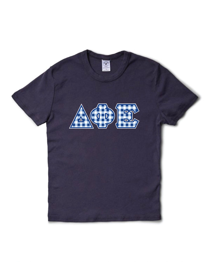 Gingham Print Greek Letter Midnight Sky Sorority Baby Tee