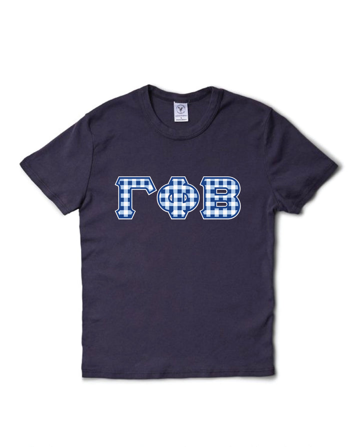 Gingham Print Greek Letter Midnight Sky Sorority Baby Tee