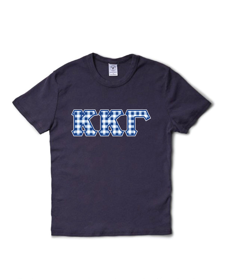 Gingham Print Greek Letter Midnight Sky Sorority Baby Tee