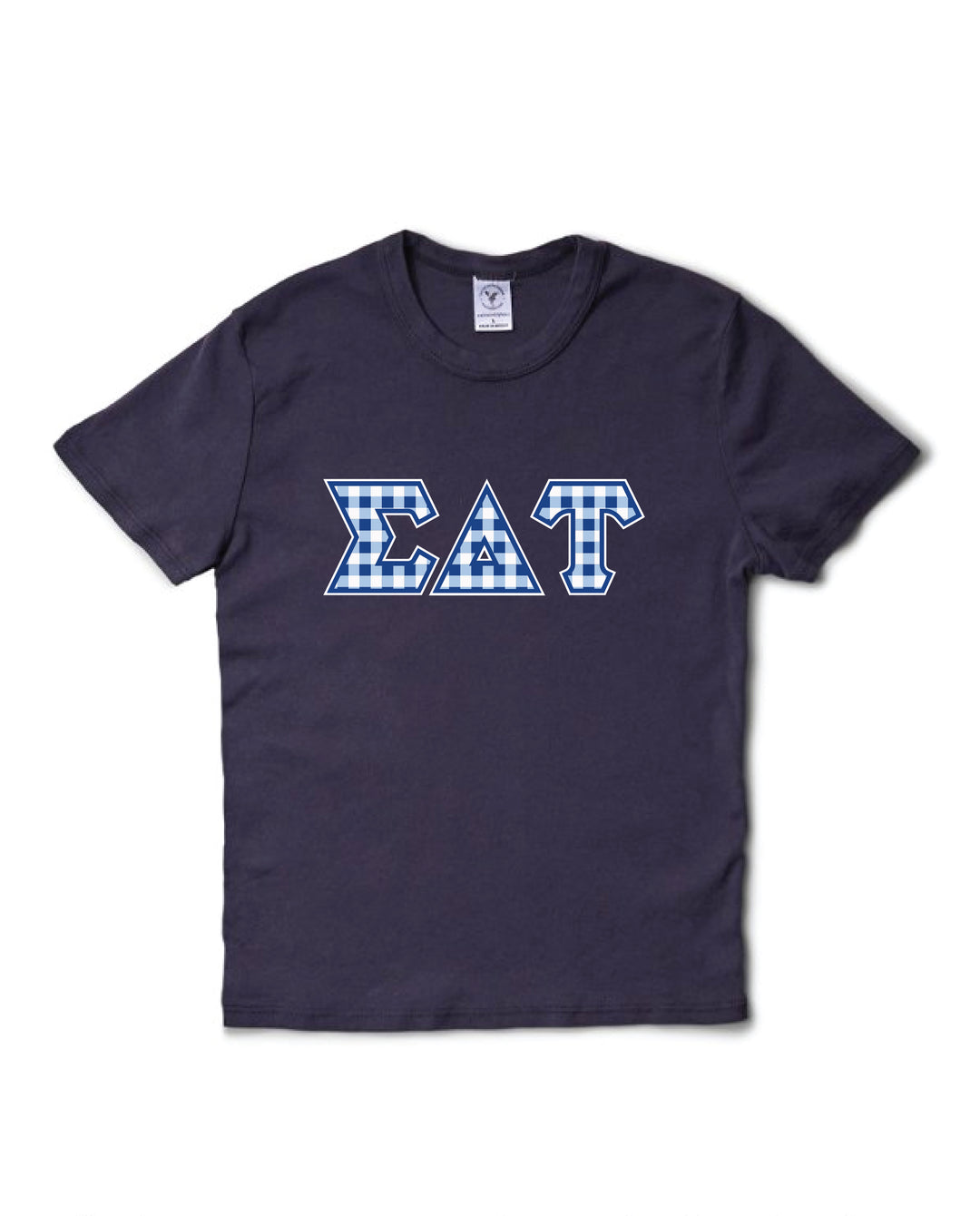 Gingham Print Greek Letter Midnight Sky Sorority Baby Tee