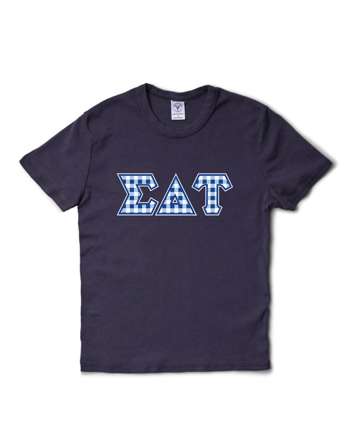Gingham Print Greek Letter Midnight Sky Sorority Baby Tee