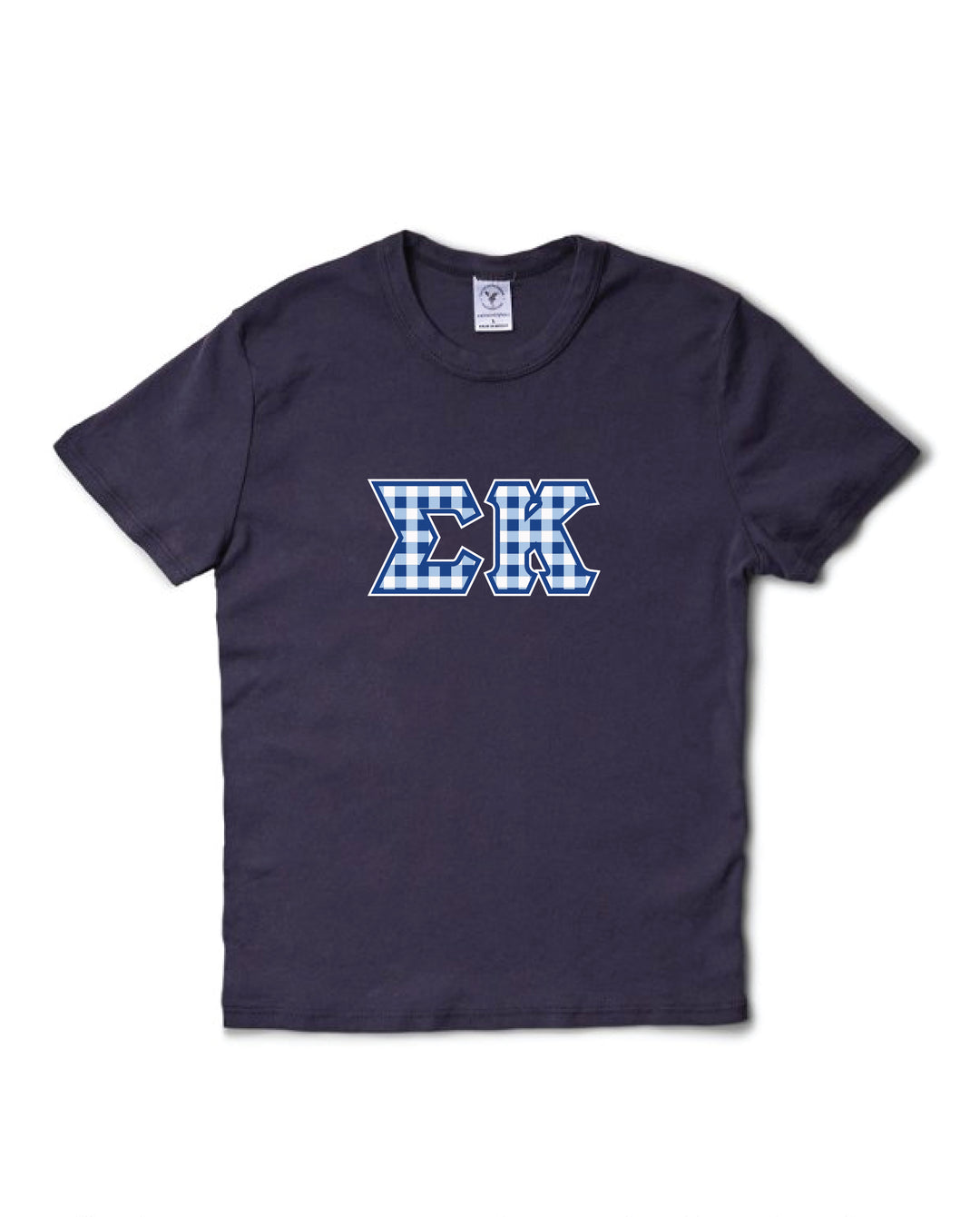 Gingham Print Greek Letter Midnight Sky Sorority Baby Tee