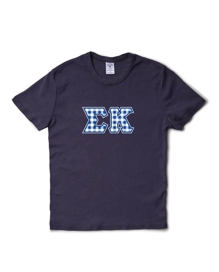 Gingham Print Greek Letter Midnight Sky Sorority Baby Tee