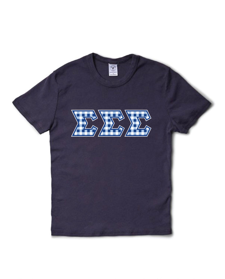 Gingham Print Greek Letter Midnight Sky Sorority Baby Tee