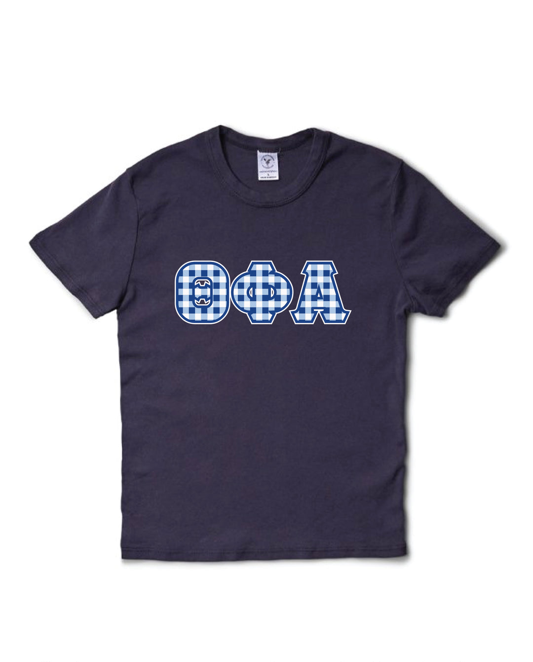 Gingham Print Greek Letter Midnight Sky Sorority Baby Tee