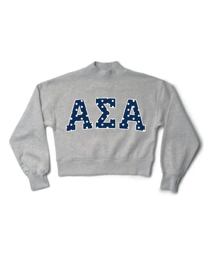 Polka Dot Heather Grey Sorority Mock Neck Cropped Crewneck