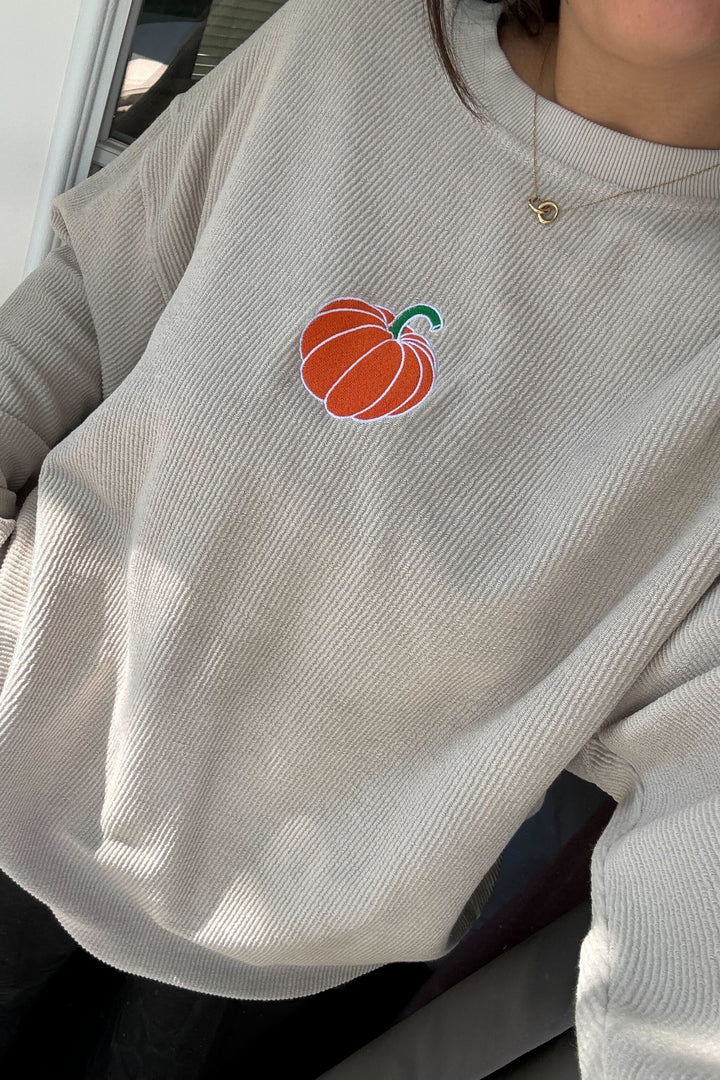Pumpkin Embroidered Corded Crewneck