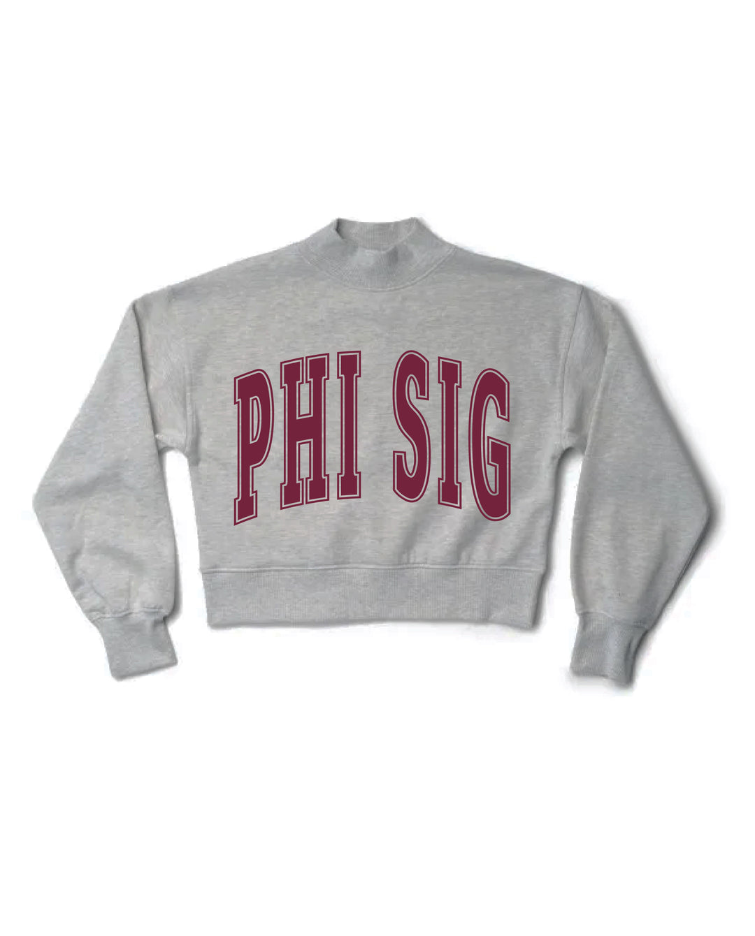 Simple Heather Grey Maroon Print Sorority Mock Neck Cropped Crewneck