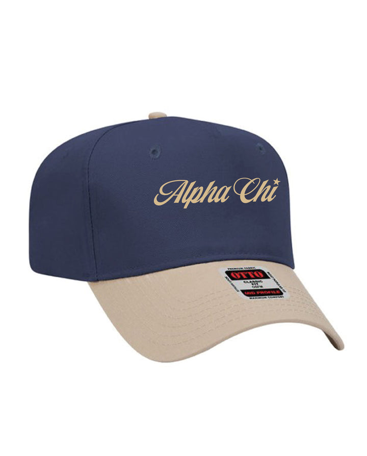 Star Script Embroidered Khaki/Navy Sorority Hat