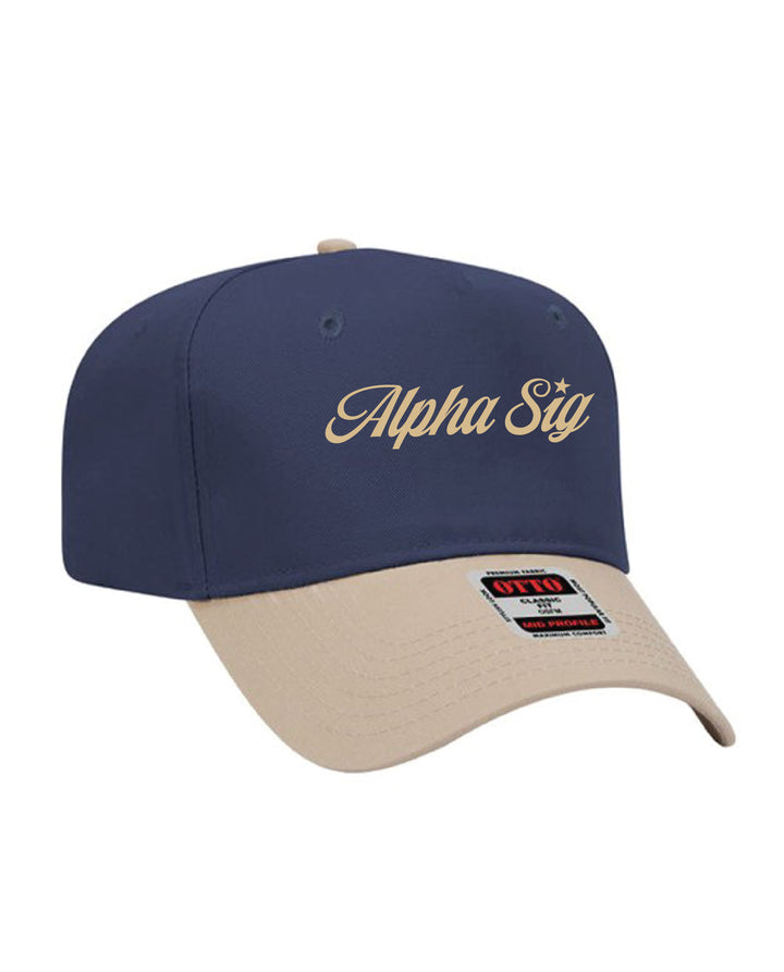 Star Script Embroidered Khaki/Navy Sorority Hat