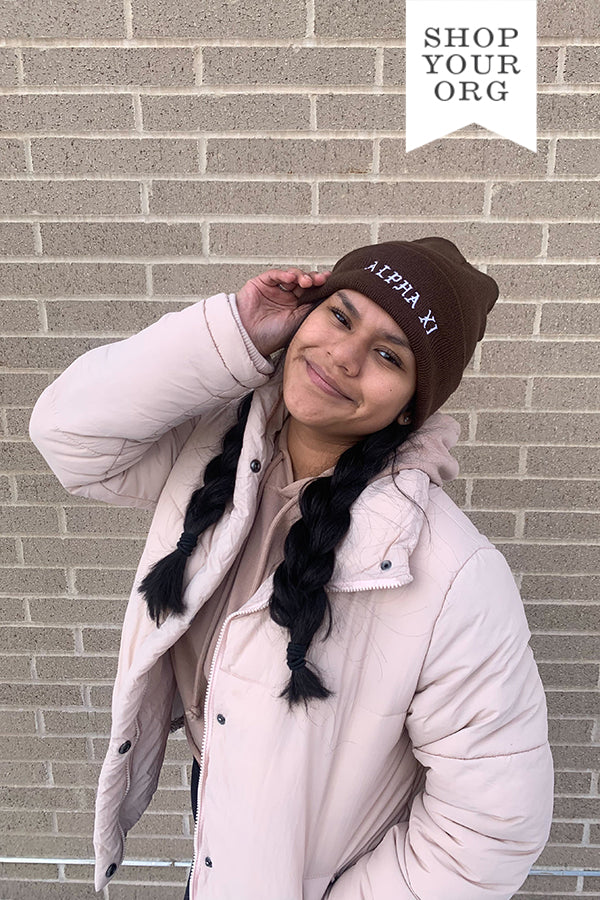 Brown Greek Embroidered Beanie