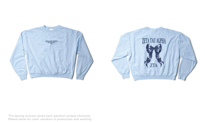 Zeta Tau Alpha Arctic Blue Bow Light Weight Sorority Crewneck