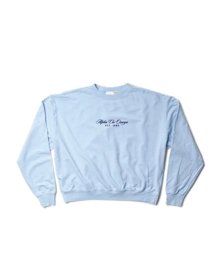 Script Embroidered Arctic Blue Light Weight Sorority Crewneck