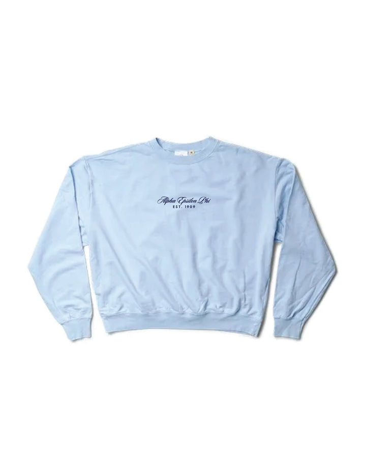 Script Embroidered Arctic Blue Light Weight Sorority Crewneck