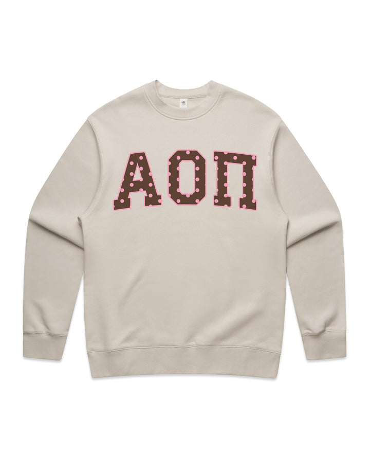 Alpha Omicron Pi Brown & Pink Polka Dot Heavy Weight Crewneck