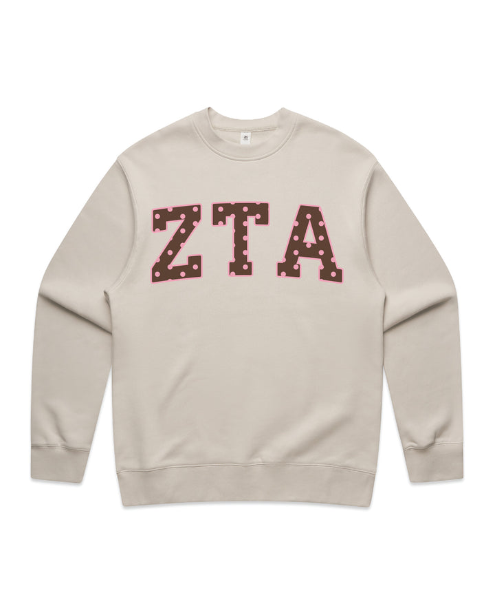 Zeta Tau Alpha Brown & Pink Polka Dot Heavy Weight Crewneck