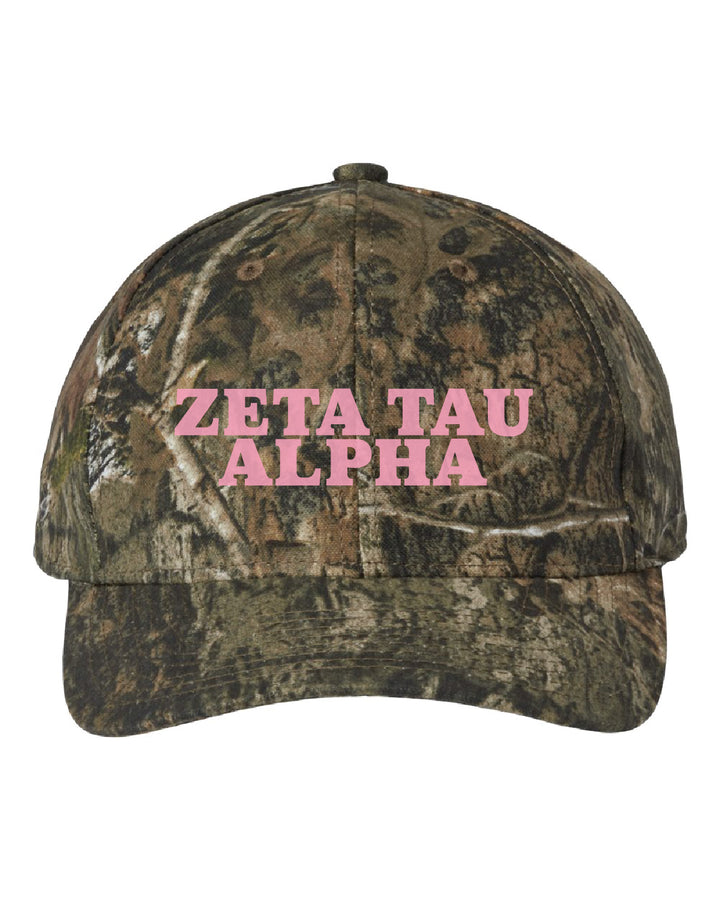Zeta Tau Alpha Embroidered Pink Camo Hat