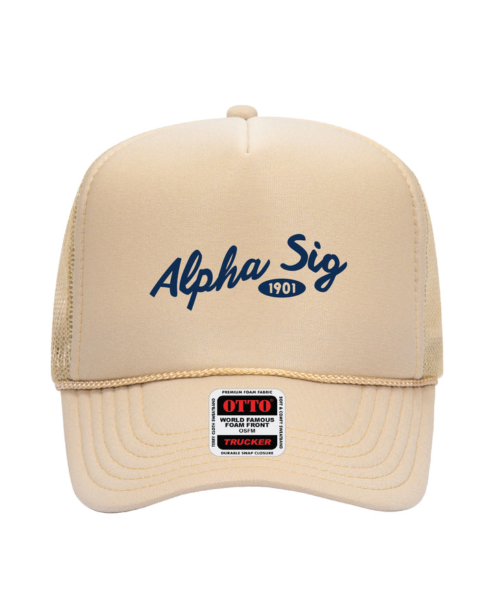 Cursive Embroidered Tan Sorority Trucker Hat