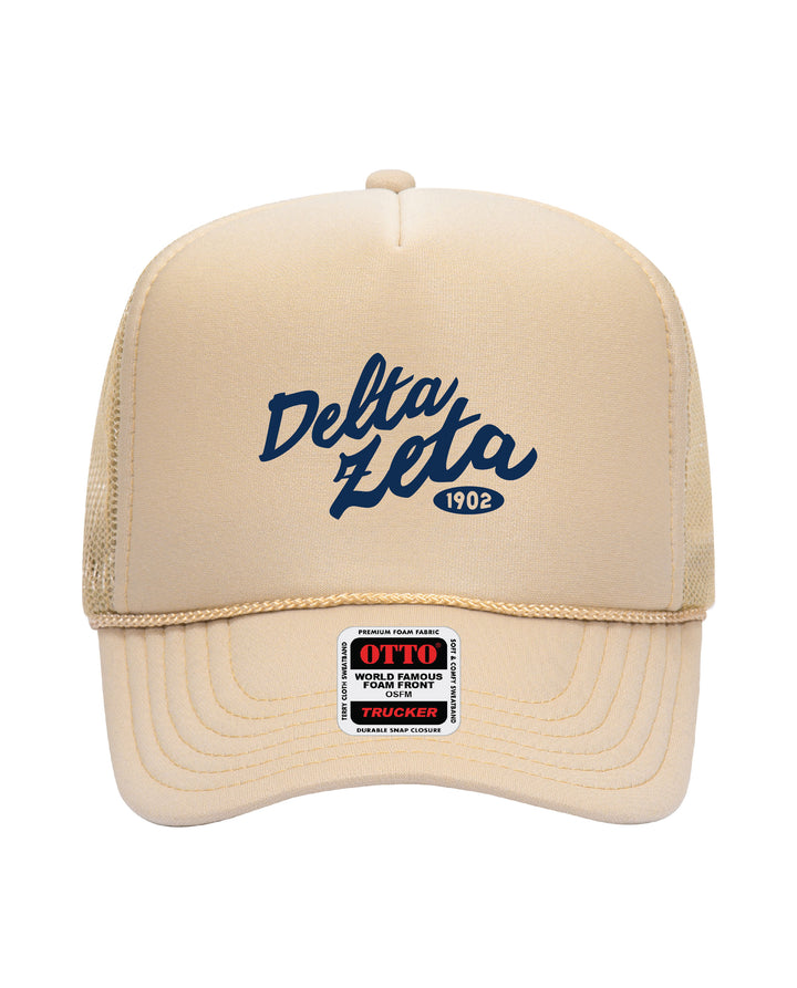 Cursive Embroidered Tan Sorority Trucker Hat