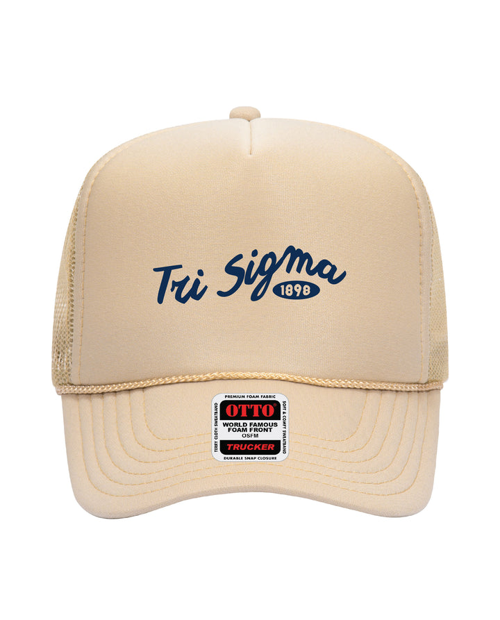 Cursive Embroidered Tan Sorority Trucker Hat