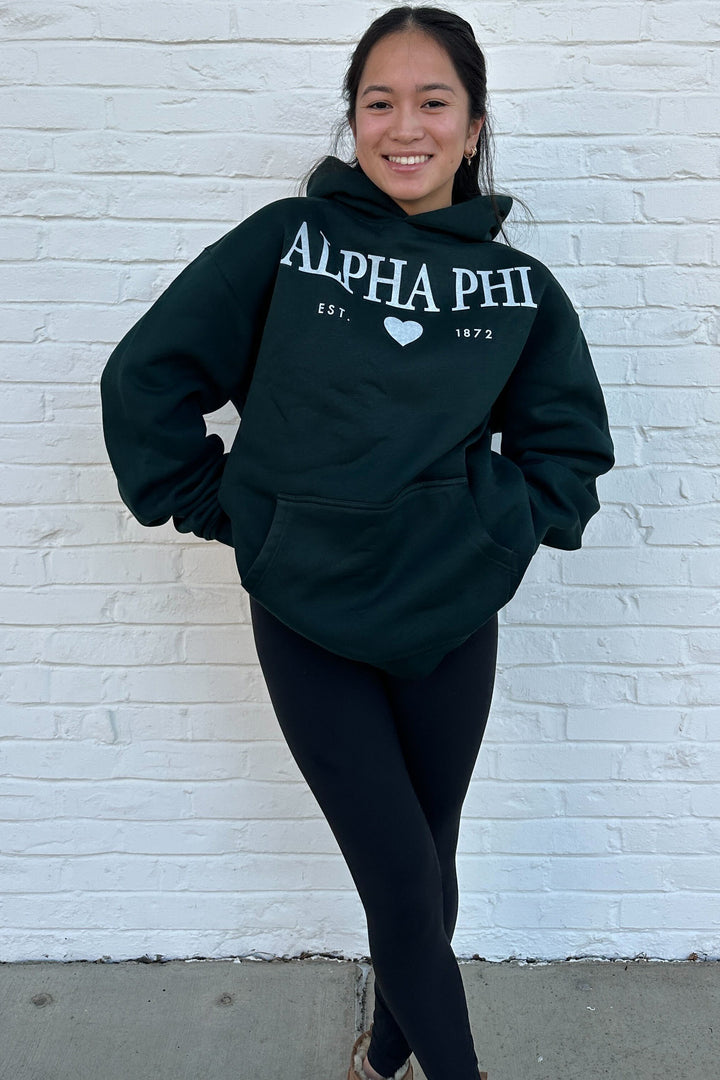Heart Script Pine Green Heavy Weight Sorority Hoodie