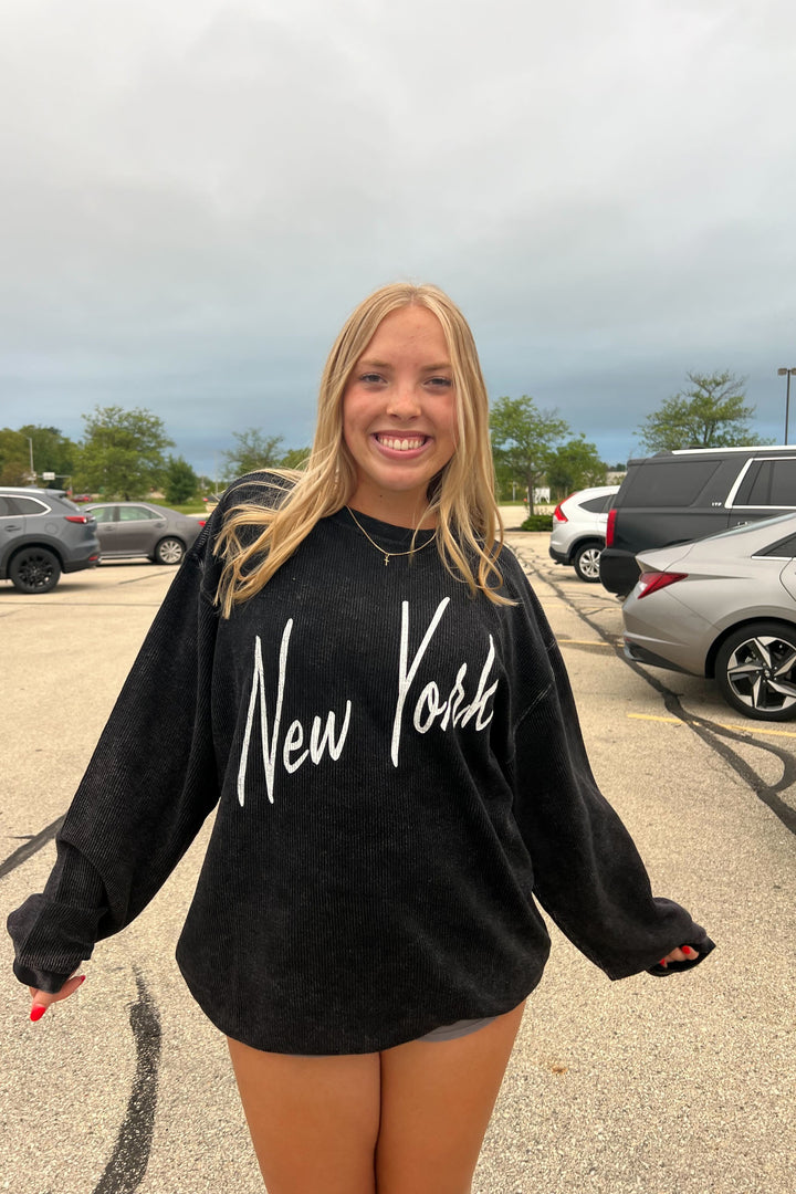 New York Vintage Black Script Corded Crewneck