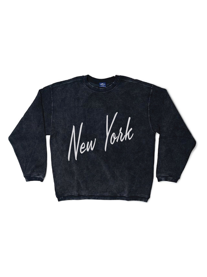 New York Vintage Black Script Corded Crewneck