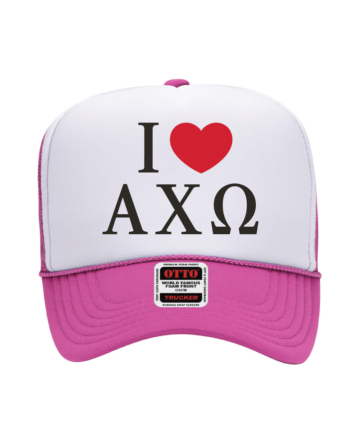 I Love Sorority Embroidered Hot Pink Trucker Hat