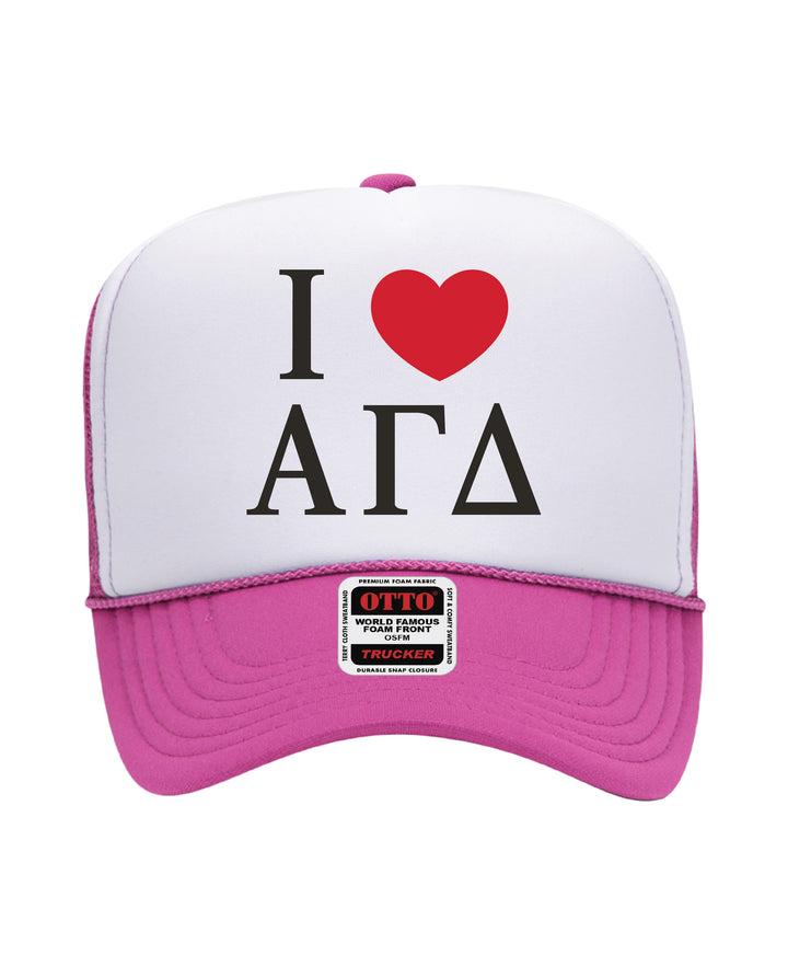 I Love Sorority Embroidered Hot Pink Trucker Hat