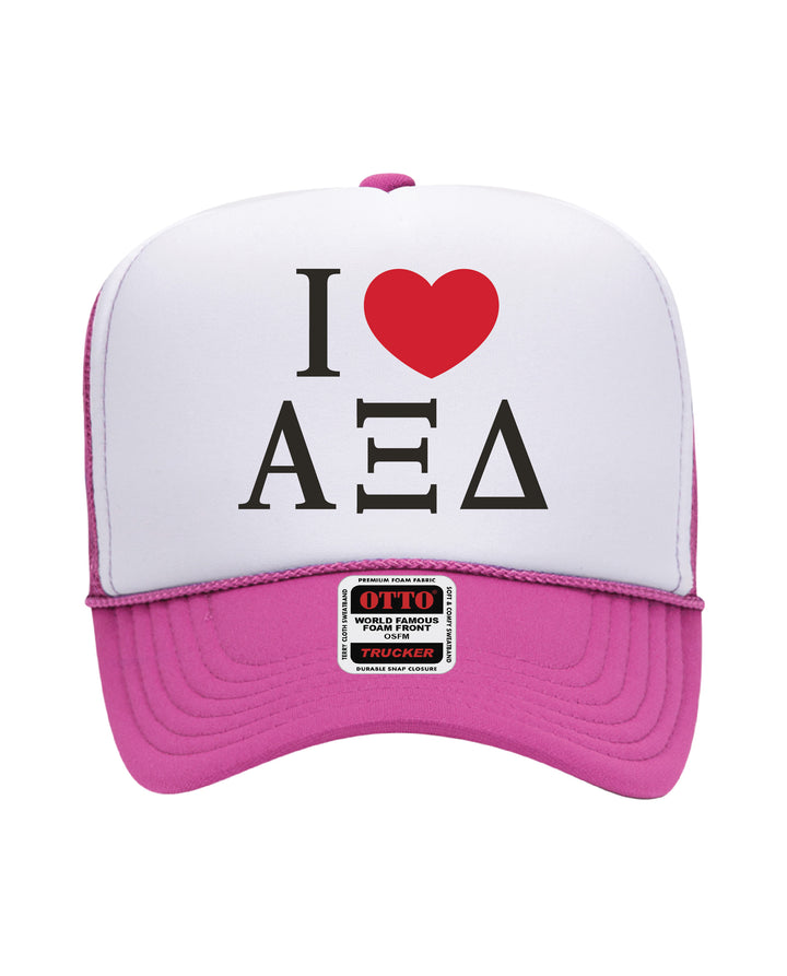 I Love Sorority Embroidered Hot Pink Trucker Hat