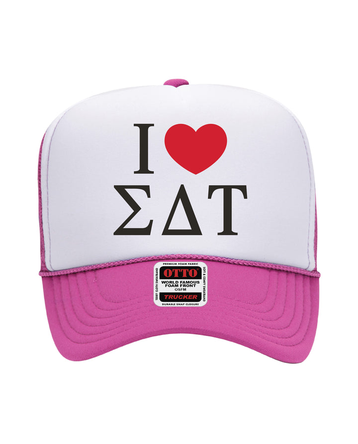 I Love Sorority Embroidered Hot Pink Trucker Hat
