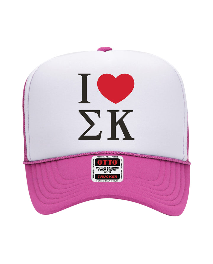 I Love Sorority Embroidered Hot Pink Trucker Hat