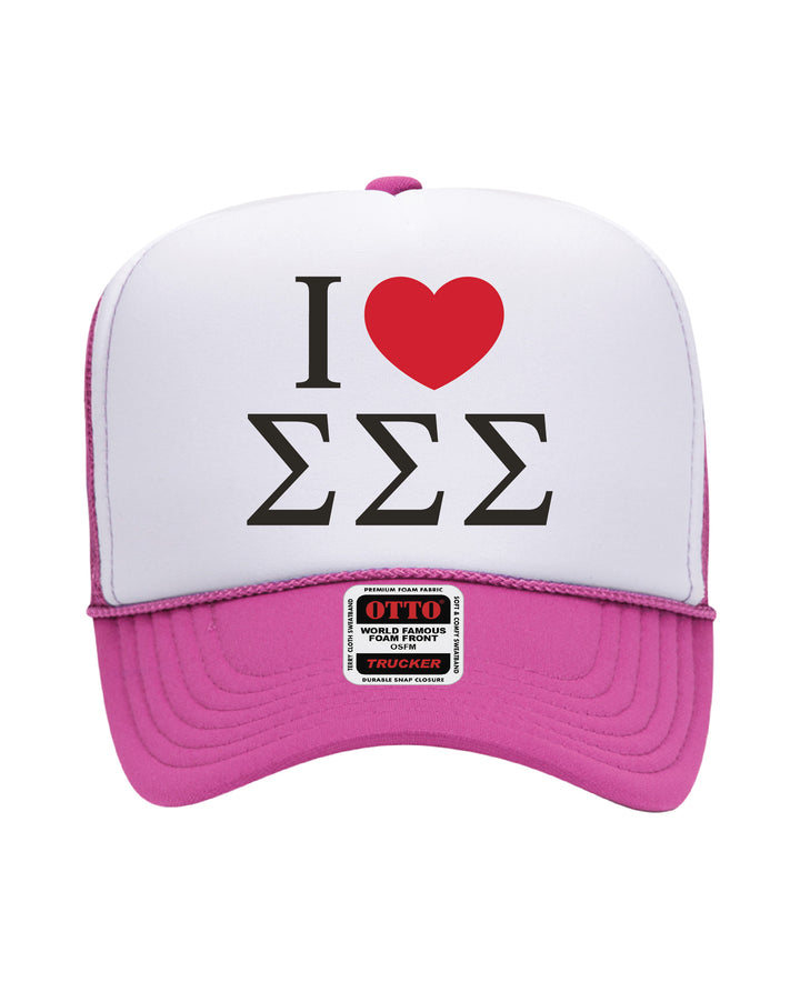 I Love Sorority Embroidered Hot Pink Trucker Hat